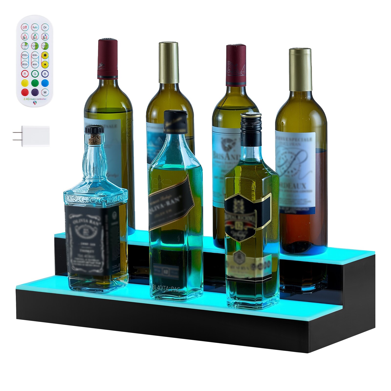 LED Lighted Liquor Bottle Display, 2 Tiers 20 Inches Whiskey Rack, Supports USB, Illuminated Home Bar Shelf With RF Remote & App Control, 9 Static Colors, Acrylic Lighted Shelf For 10 Bottles_voghion.com